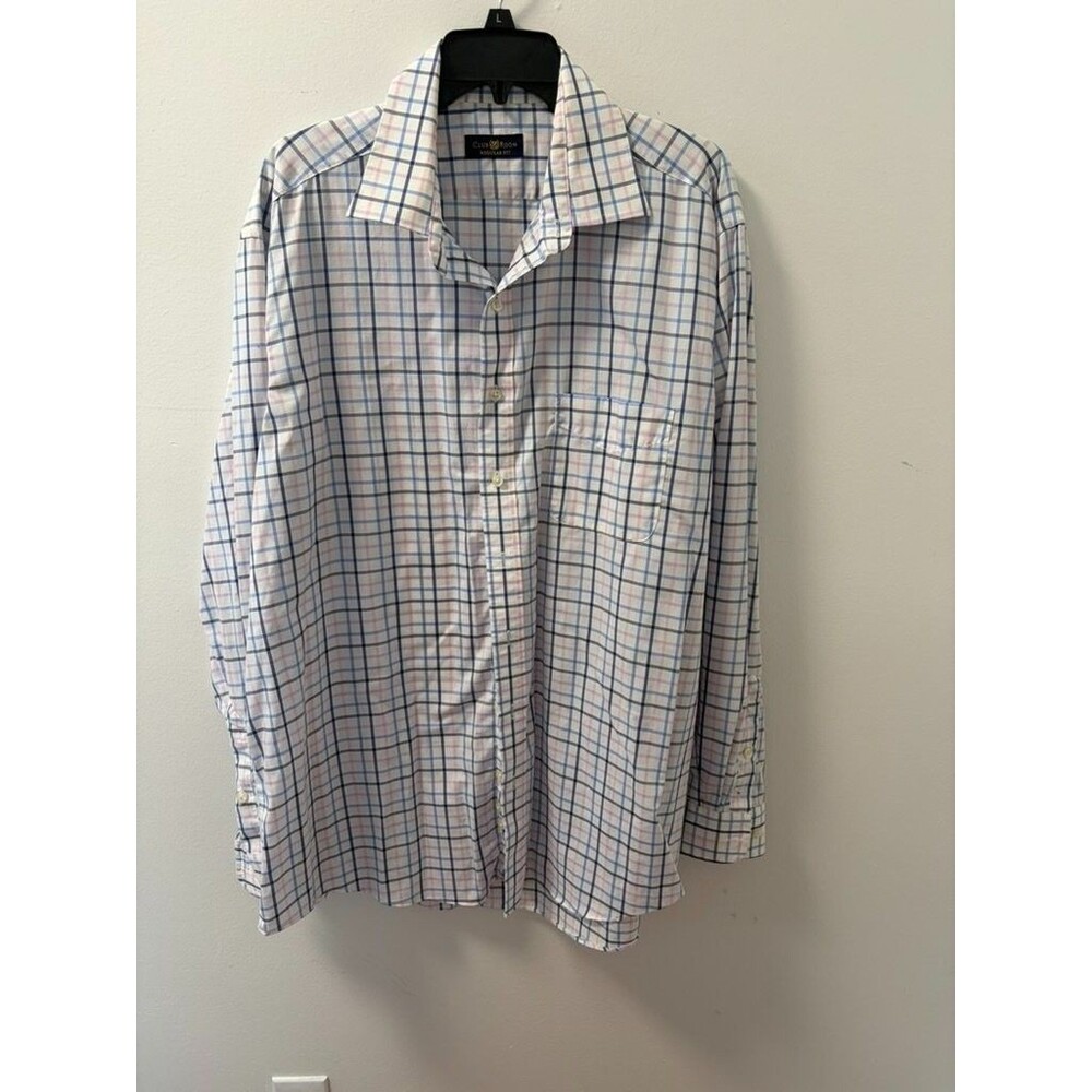 Club Room Regular Fit Dress Shirt Mens 17.5 36/37 White Blue Pink Plaid Cotton